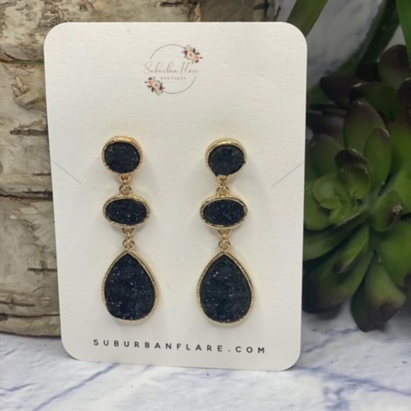 Jewelry - Druzzy Drop Earrings Black & Gold